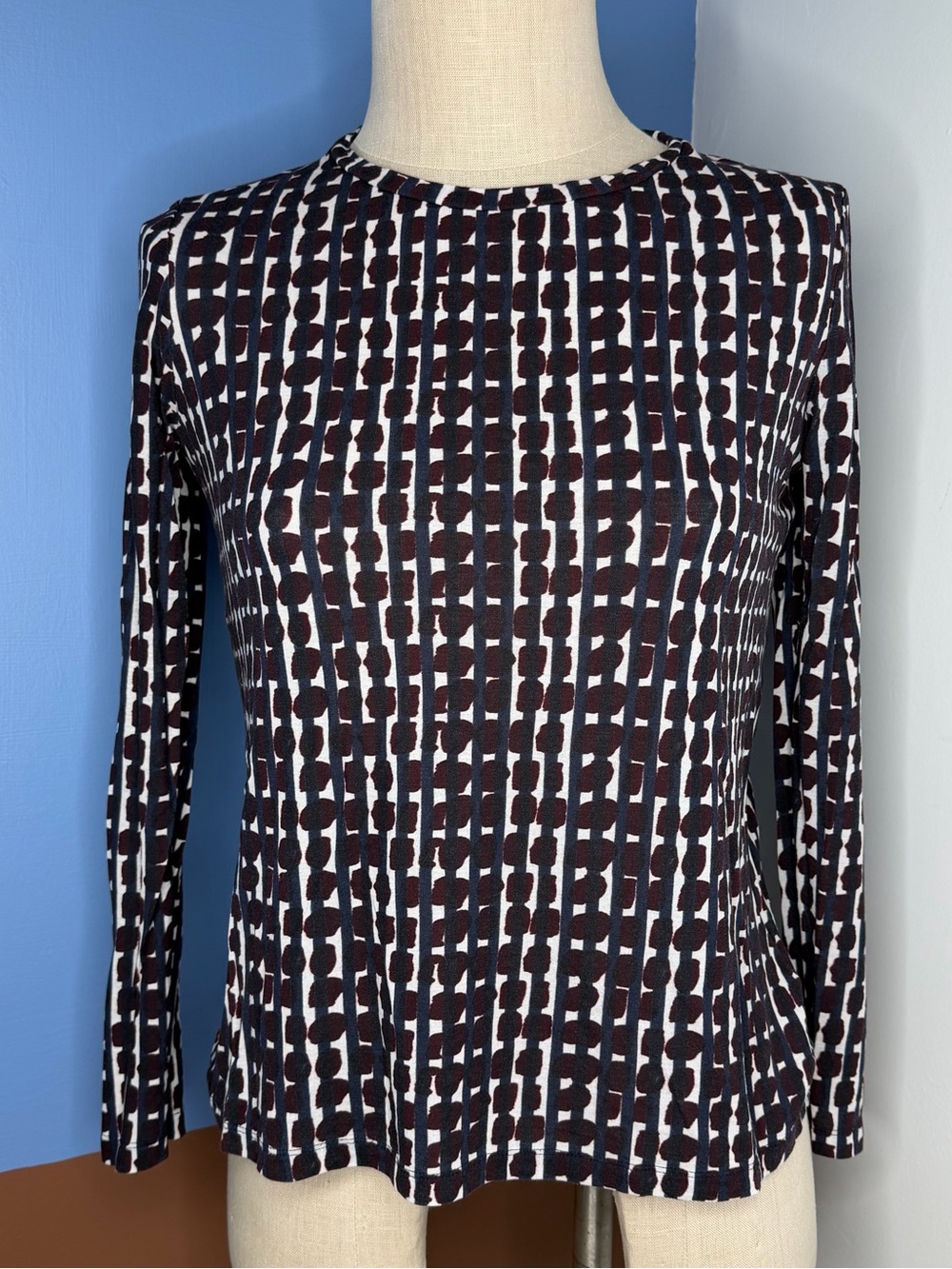 COS Geometric Print Crewneck Long Sleeve Top Burgundy Navy Small 100% Cotton